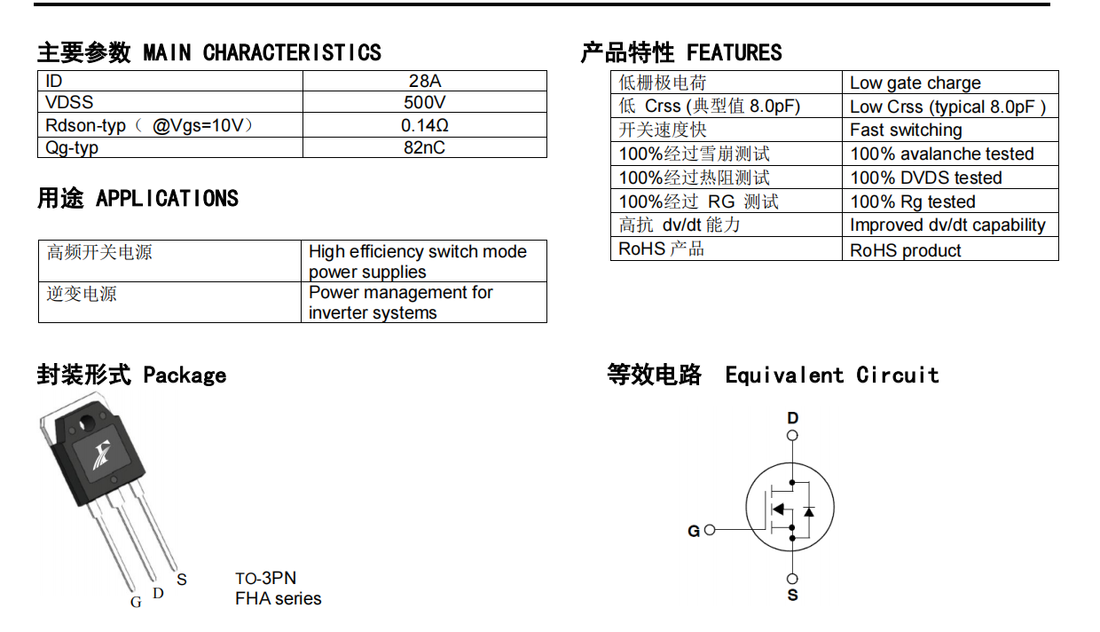 FHA28N50W型號MOS管參數(shù)